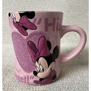 Disney Mug Minnie Mouse Pink Cup 16oz  Parks 3D  Glitter Hearts Quotes